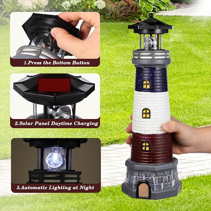 Yardwe Solar Garden Lighthouse Decor Waterproof Outdoor Solar-Powered Lighthouse Statue for Yard Lawn Patio | Lumora