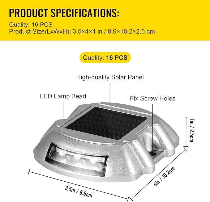 Happybuy Solar Driveway Lights 16-Pack - Bright White With Screw, Outdoor Waterproof Wireless Dock Lights, 6 LEDs for Path Warning, Garden Walkway, Sidewalk, Steps