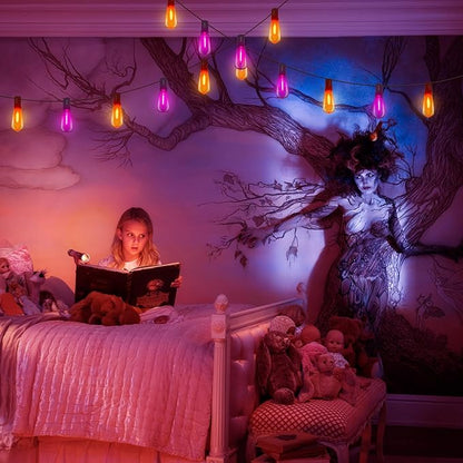 ST40 Purple and Orange Halloween Lights,10FT Outdoor LED Halloween String Lights with 11 Orange/Purple Flame Bulbs,Hanging Decorative Light String for Garden Porch Gazebo Bistro,Black Wire
