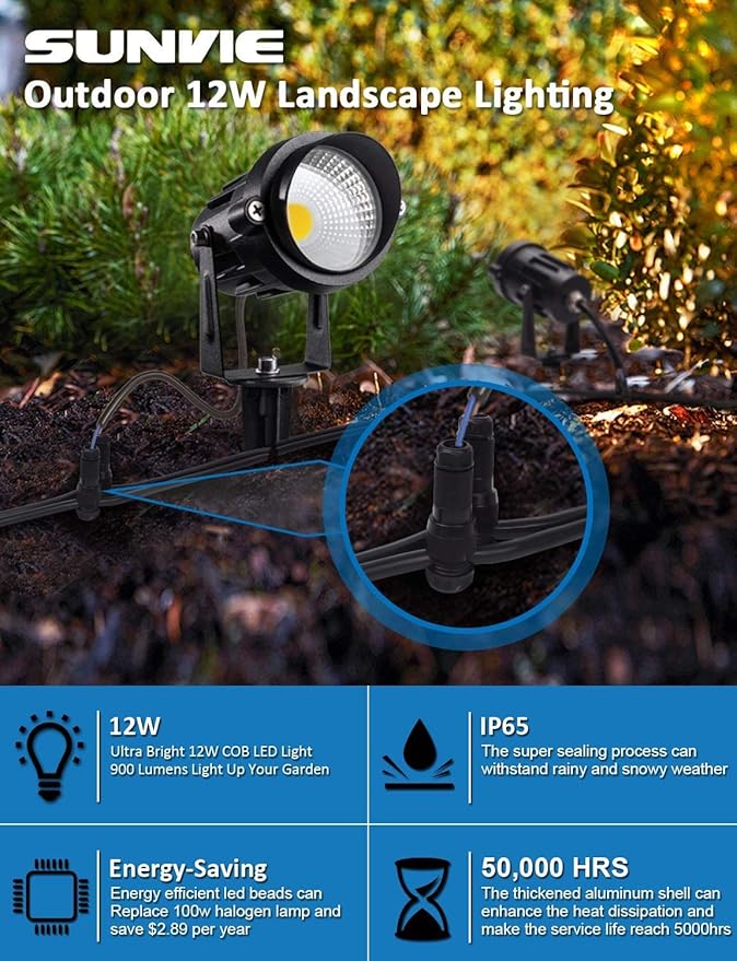 SUNVIE 12W Low Voltage LED Landscape Lights with Connectors, Outdoor 12V Super Warm White (900LM) Waterproof Garden | Lumora