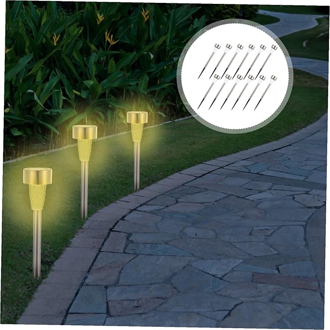 BESPORTBLE 12pcs Solar Powered Outdoor Pathway Lights Stainless Steel Warm Landscape Lighting Kit for Garden Patio Walkway