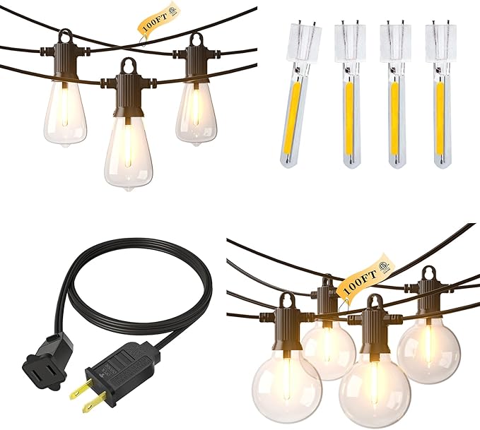Kawaya Outdoor String Lights for Patio: Vintage Edison G40 ST38 Bulbs with Replacement Filament and Cords