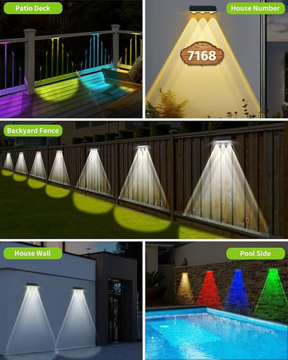 Solar Fence Lights Outdoor 2 Pack Waterproof High Brightness Upgraded 3 LED Lens Solor Deck Lights Warm & Cool White RGB 10 Colors Outside Solar Powered Wall Light for Backyard Patio Step Railing