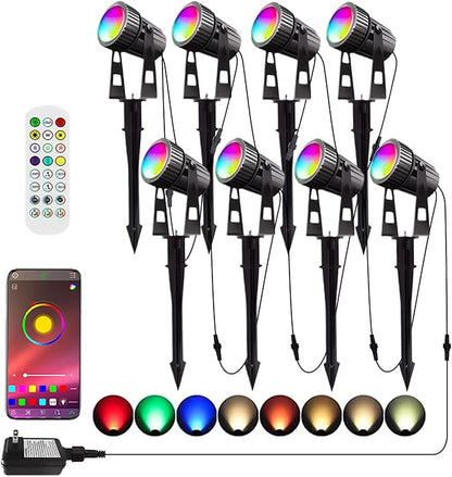 Smart Low Voltage Landscape Lights, Bluetooth Landscape Lighting, RGB Warm White LED Spotlights APP Control, 12V 24W Outdoor Yard Spot Lights with Spike Stand, Waterproof Garden Light Music Sync