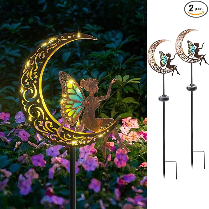Bshine Moon Solar Light Outdoor Garden Decor,2 Pack Moon Fairy Garden Statue Decor,Metal Waterproof Light Stake for Patio, Path, Yard and Lawn Ornament, Housewarming Gift for Mom