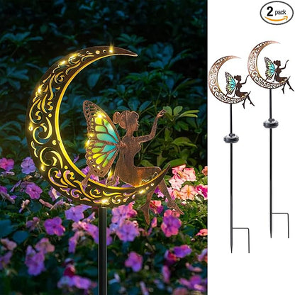 Bshine Moon Solar Light Outdoor Garden Decor,2 Pack Moon Fairy Garden Statue Decor,Metal Waterproof Light Stake for Patio, Path, Yard and Lawn Ornament, Housewarming Gift for Mom
