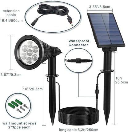 Solar Spotlight Outdoor, Spot Light with Separate Solar Panel ＆ 24.6ft Long Waterproof Cable, Bright 7-LED Ground Flag Pole Light, Dusk-to-Dawn Landscape Lighting for Flag, House, Tree, Garden (White)