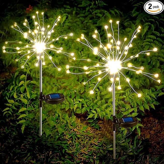 PINHEN Solar Firework Lights, 2 Pack Solar Garden Lights 200 LEDs 8 Lighting Modes Solar Lights Outdoor Waterproof for Garden Path Yard Patio Walkway Pathway Party Wedding Decorative (Warm White)