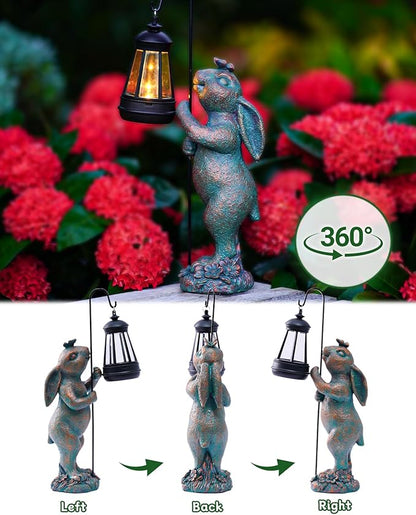 Garden Statues Outdoor Bunny with Solar Lantern – Rabbit Yard Decor, Waterproof Resin Figurine Pathway Light for Lawn & Patio