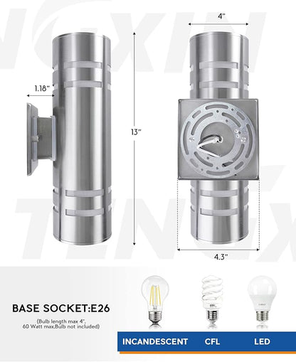 TENGXIN 2 Pack Outdoor Wall Light,Up Down Modern Exterior Wall Sconce with Stainless Steel Cylinder,Brushed Nickel Finsh Wall Mount Light