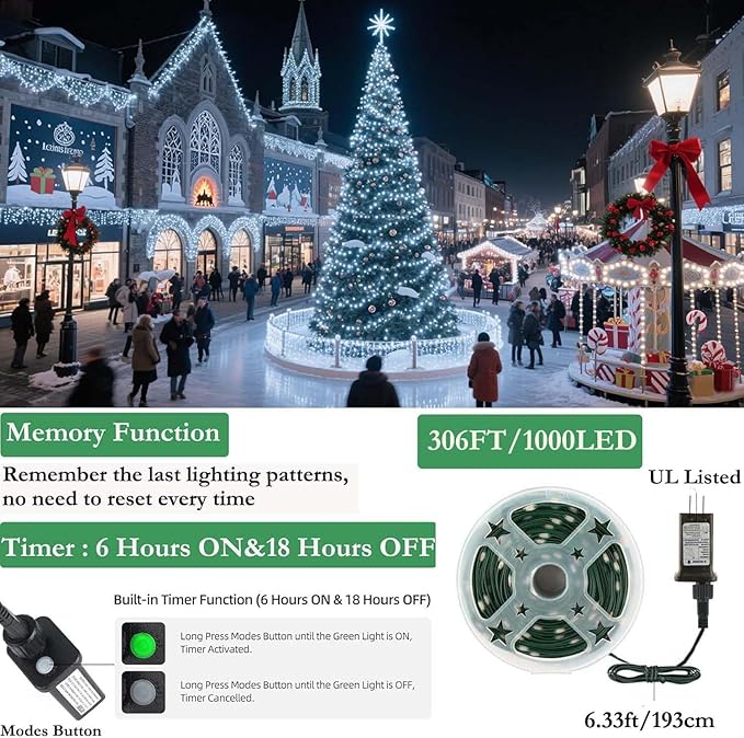 Tcamp 306FT 1000 LED White Christmas Lights, 8 Modes Christmas Tree Lights with Timer Memory Function, Green Wire Starry Fairy String Light for Xmas Tree Outdoor Indoor Decor