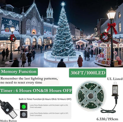 Tcamp 306FT 1000 LED White Christmas Lights, 8 Modes Christmas Tree Lights with Timer Memory Function, Green Wire Starry Fairy String Light for Xmas Tree Outdoor Indoor Decor