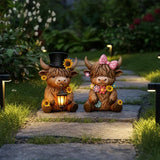 Retisee 2 Pcs Solar Highland Cow Garden Statues Resin Garden Highland Cow Statues with Flower LED Lights Outdoor | Lumora