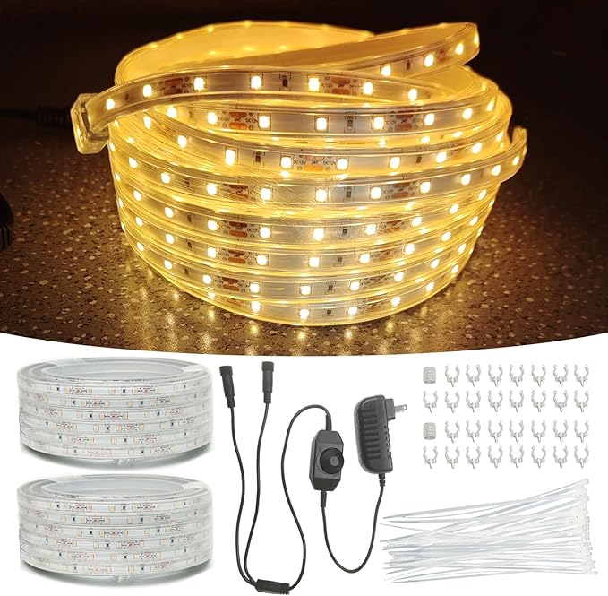 33FT 2-Pack 12V LED Rope Lights Outdoor - 1200 LEDs Warm White Dimmable Thick Flat Rope Lighting Waterproof for | Lumora