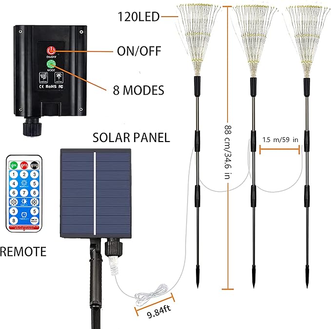 Upgrated 3 Pack Solar Garden Path Lights with Remote, 120 LED Solar Firework String Lights Outdoor, 8 Modes Landscape Stake Lights for Walkway Backyard Patio Christmas Wedding Party (Warm White)