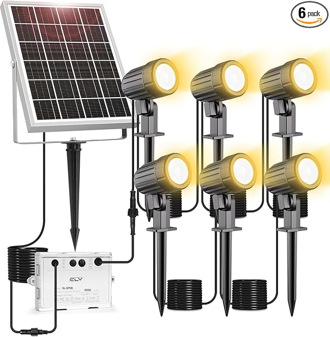 CLY 6 in 1 Solar Spot Lights Outdoor, 2700K Warm White Solar Spotlights Landscape Lights, IP66 Waterproof 59.06ft | Lumora