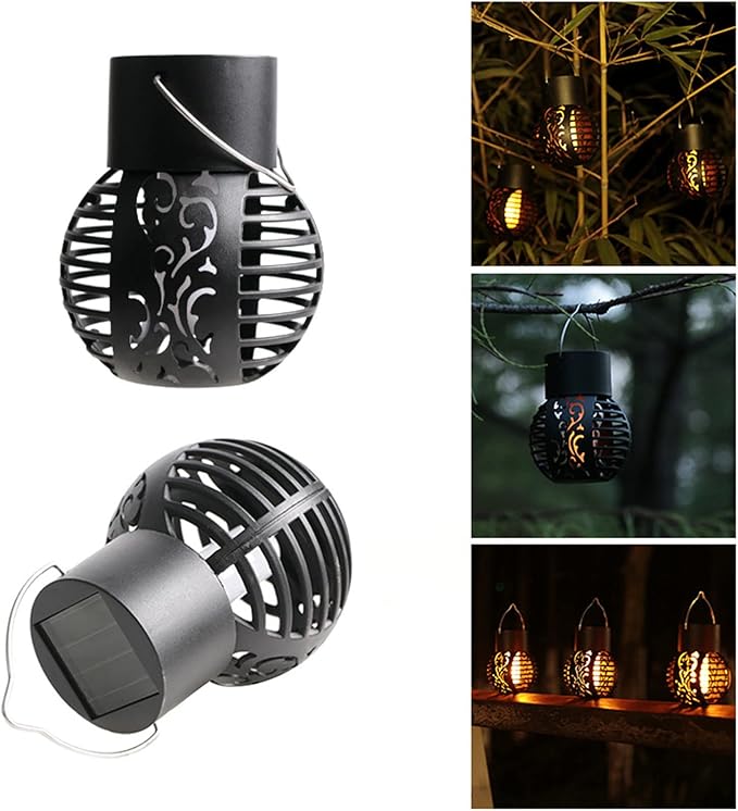 Solar Outdoor Lights Simulation Flame Chandelier Decorative Hanging LED Round Ball Lights 2 Pack Solar Garden Lights Waterproof Solar Powered Ball Lights for Camping Yard Patio Fence Tree Decoration