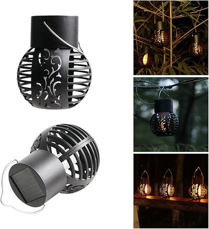 Solar Outdoor Lights Simulation Flame Chandelier Decorative Hanging LED Round Ball Lights 2 Pack Solar Garden Lights Waterproof Solar Powered Ball Lights for Camping Yard Patio Fence Tree Decoration