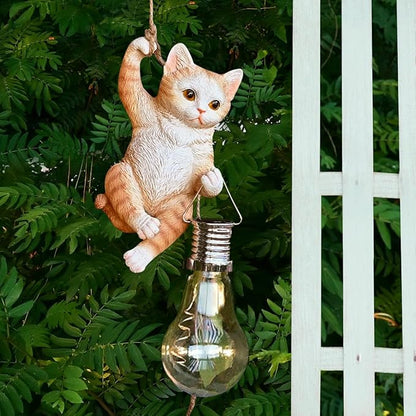 Tree Solar Light Outdoor Garden Decor Hanging Cat Figurines Animals Porch Yard Outside Decoration Kitten Statues Decorative Wall Window Fence Lighting Bulb LED