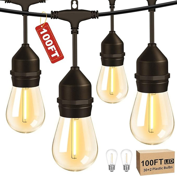 100FT LED Outdoor String Lights with 30+2 Shatterproof Bulbs, IP65 Waterproof, Commercial Grade Patio String Lights | Lumora