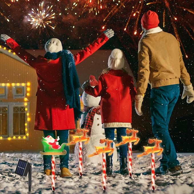 Christmas Pathway Lights Outdoor, 5 Pack Lighted Reindeer Stake Lights with 8 Lighting Modes, IP44 Waterproof Solar LED Christmas Yard Light for Garden Lawn Porch Front Door Patio Holiday Decor