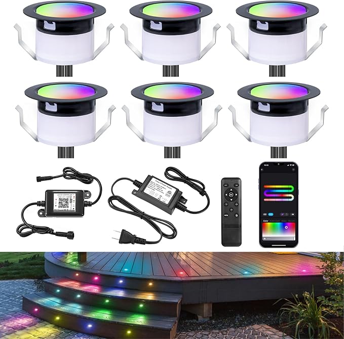LED Deck Lights Kit, 6Pack 1.22" Low Voltage WiFi RGBW+IC Multicolor Dynamic Recessed Deck Lighting Work with Alexa/Google Home, IP67 Waterproof 12V Step Lights Outdoor for Garden Yard Path Stairs