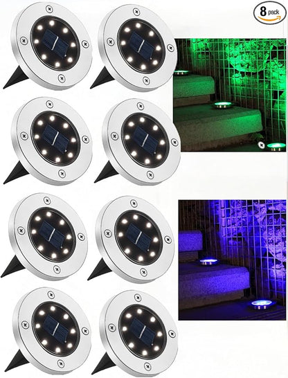 JT Morolux Solar Ground Lights, LED Disk Lights, White, Waterproof Outdoor Path Lights for Garden, Lawn, Walkway, Driveway (Multi-Color, 8)