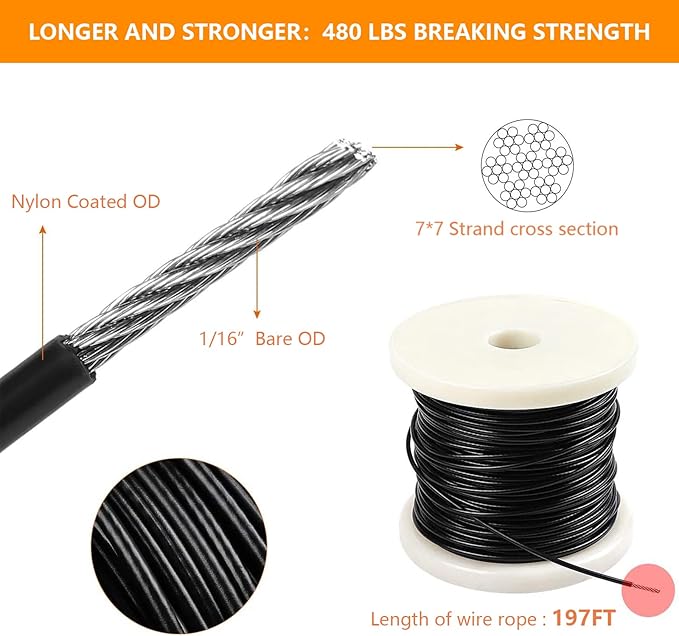 String Lights Hanging Kit with 197Ft Nylon Coated, 304 String Light Cable, Shade Sail Hardware kit, Outdoor Light | Lumora