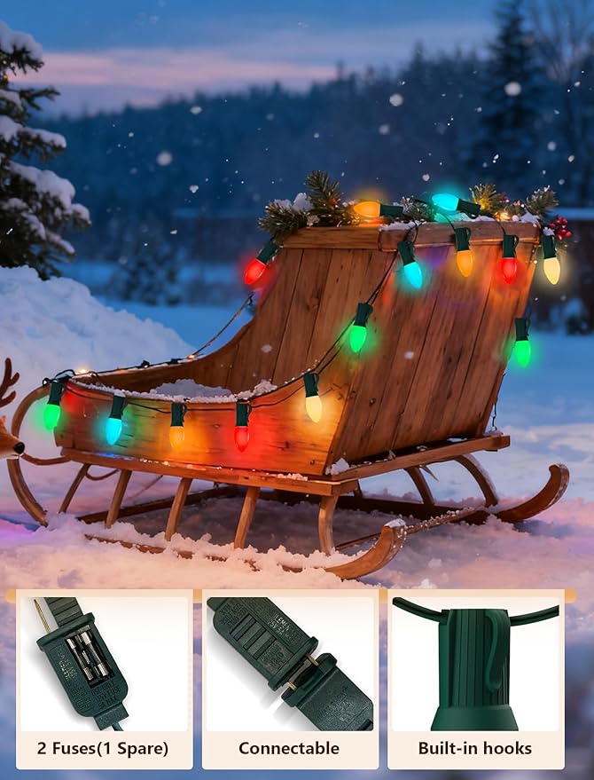 50Ft LED Christmas Outdoor String Lights, C7 String Lights with 27 0.6W Ceramic Multicolor Bulbs, Vintage Christmas Lights for Holiday Party Backyard Wedding Garden Patio Porch Decor