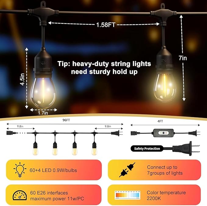 100FT LED Outdoor String Lights with 60+4 Waterproof Bulbs(1.5FT Bulbs Spacing), Remote & Dimmer, Commercial Grade | Lumora