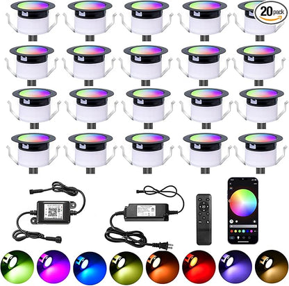 Deck Light RGBW 20 Pack, Φ1.22 Inches RGB/Warm White Light WiFi Control, LED Step Lights Kit Low Voltage DC12V, IP67 Waterproof Deck Lights for Stairs with Remote Control