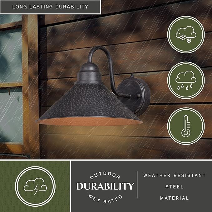 VAXCEL Outland 9 in. H 1-Light Aged Iron and Light Gold Dusk to Dawn Sensor Farmhouse Outdoor Wall Sconce, Gooseneck Metal Shade, Dark Sky Compliant for Exterior Porch Patio Front Door or Garage