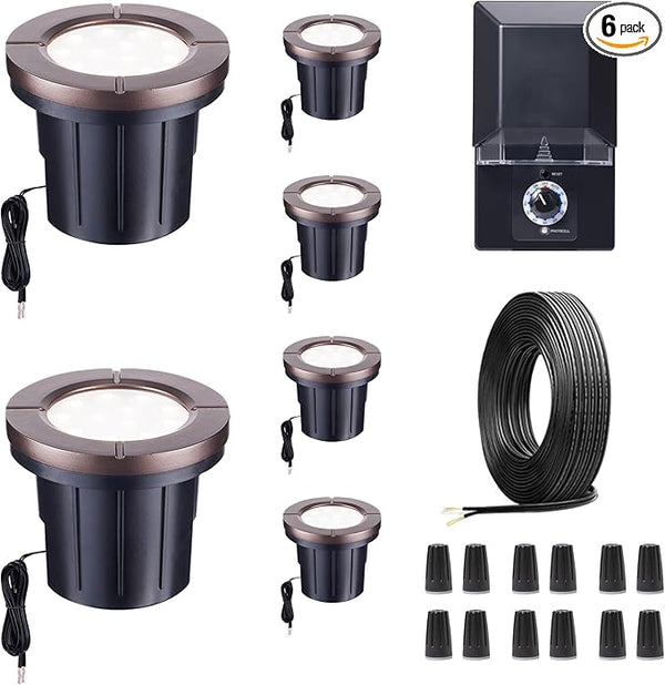 LED Well Light Kit, 6 Pack In Ground Landscape Lights and 100W Transformer and 100FT - Outdoor Lighting Accessory | Lumora