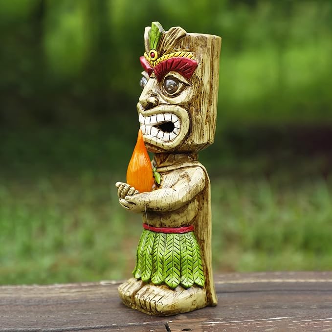 13" Tall Solar Torch Tiki Garden Statue, Resin Large Tiki Decor Figurine with Solar Lights, Hawaiian Tiki Man | Lumora