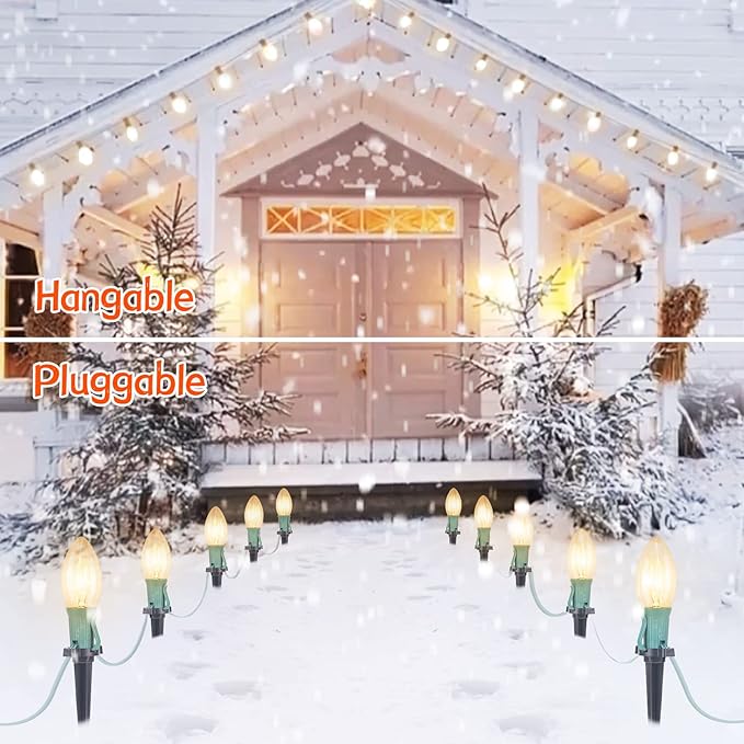 Brightown Christmas Pathway String Lights Outdoor - 25.7 Ft. C9 20 Clear Lights with 20 Stakes Connectable Waterproof for Indoor Xmas Party Holiday Commercial Decoration, Warm White
