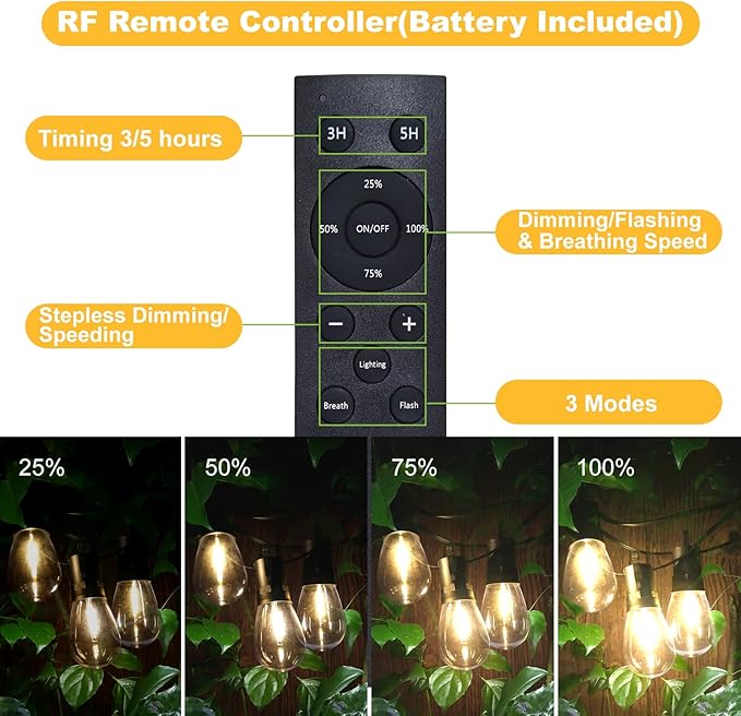15M LED Outdoor String Lights Patio Dimmable Hanging Light with Remote, Waterproof Shatterproof Edison Bulbs, 3 | Lumora