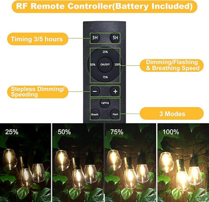 15M LED Outdoor String Lights Patio Dimmable Hanging Light with Remote, Waterproof Shatterproof Edison Bulbs, 3 Modes Outside Lighting Connectable for Graden Porch Backyard Balcony Deck