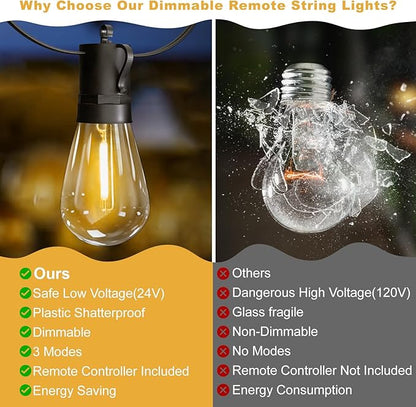 LED String Lights Outdoor 15M, Dimmable Waterproof Patio Lights with Remote, 24V S14 Shatterproof Edison Bulbs, 3 Modes Connectable for Garden, Backyard, Porch, Balcony, Deck