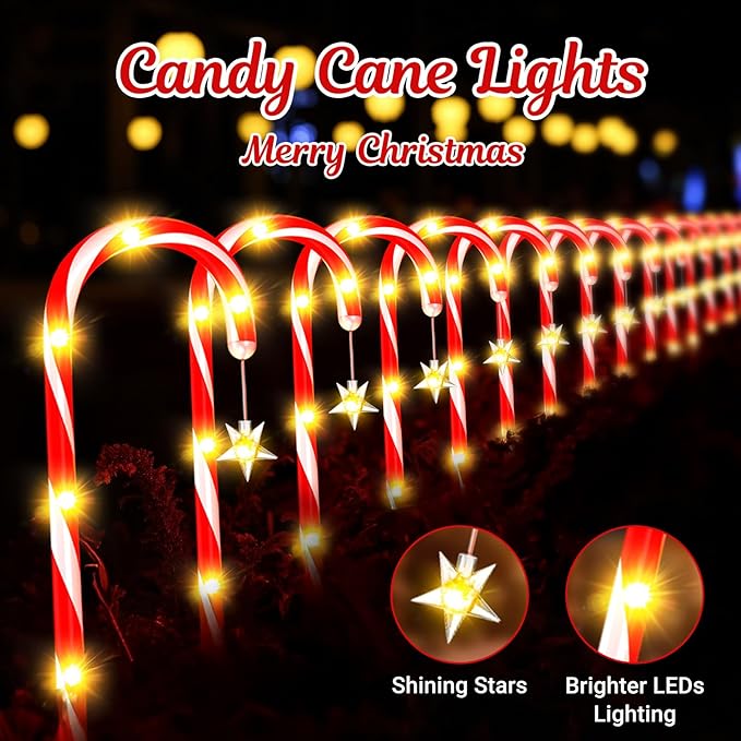 E-Kong 24 Pack Solar Candy Cane Lights Outdoor Christmas Decorations, 10 Modes, 12 Hours Bright Lighting Christmas Decorations Outdoor, Solar Pathway Lights Waterproof for Yard Patio Garden