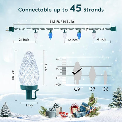 C9 LED Christmas Lights Outdoor with 50 Spring Clips, 50ft 50 LED Waterproof Strawberry String Lights, Commercial Grade Extendable Perfect for Roofline Patio House Xmas Decor, Blue & Pure White