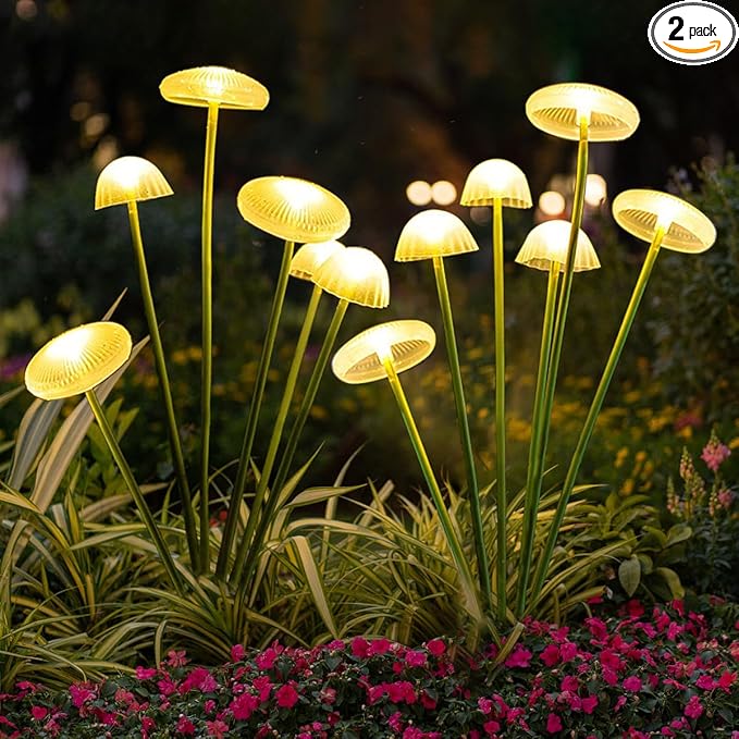 2 Pack Solar Garden Lights, Outdoor LED Solar Mushroom, Waterproof Solar Jellyfish Pathway Lights for Yard, Patio Decoration