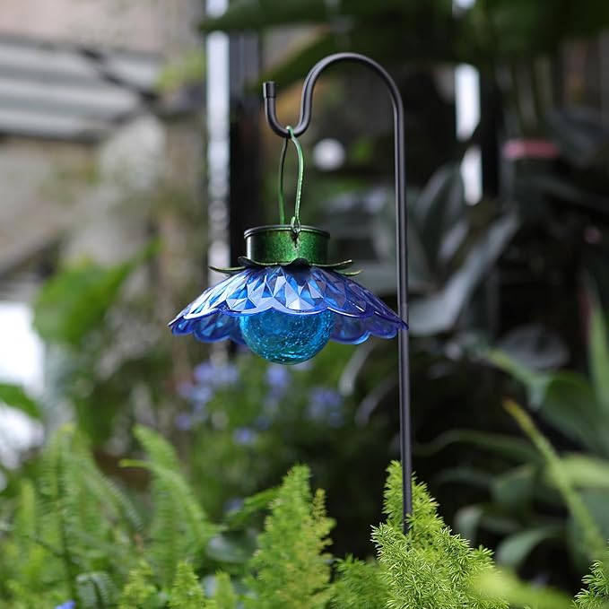 XUWEN Solar Lights Outdoor Waterproof - Blue Solar Flower Lights with Crackle Globe Glass Light, Hanging Lanterns | Lumora