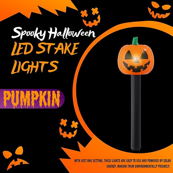 (12) Halloween Solar LED Pumpkin Stake Lights, 13in Easy Install Plastic Solar-Powered Yard Stakes Spooky | Lumora