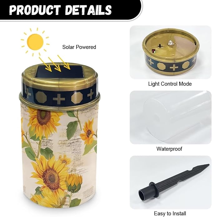 Solar Lights Outdoor Waterproof, Vintage Sunflowers Landscape Lighting Outdoor Solar Lights for Outside Solar Garden Lights for Pathway, Walkway, Patio, Yard, Lawn