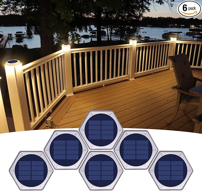 YiLaie Solar Deck Dock Lights Hexagon Warm White Step Lights Outdoor Waterproof Solar Powered for Driveway Post Fence Stairs Yard Patio Pathway Porch 6 Packs