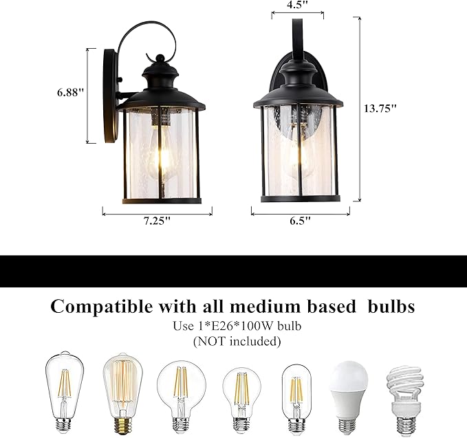 MICSIU 13.75-Inch Large Outdoor Wall Lantern, Matte Black Exterior Wall Sconce with Clear Seedy Glass, Anti-Rust Waterproof Outside Light Fixture for House, Porch, Garage, Front Door, E26 Base