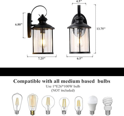 MICSIU 13.75-Inch Large Outdoor Wall Lantern, Matte Black Exterior Wall Sconce with Clear Seedy Glass, Anti-Rust Waterproof Outside Light Fixture for House, Porch, Garage, Front Door, E26 Base