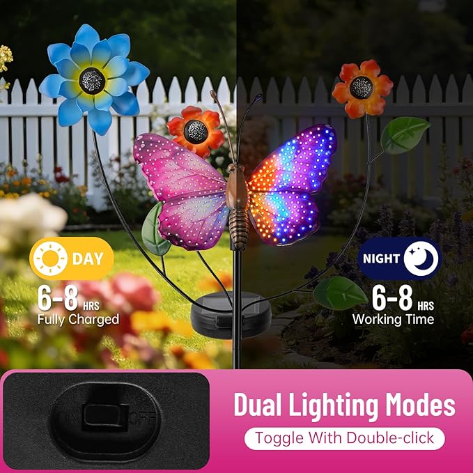 Solar Butterfly Garden Lights, 2 Lighting Modes, Colorful LED with Flower & Butterfly Decor, Waterproof Solar Stake Lights for Garden Yard Patio Lawn Pathway (Purple)