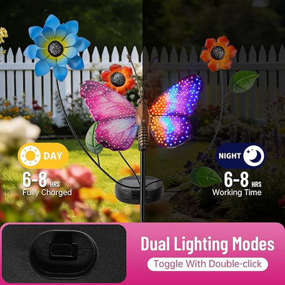 Solar Butterfly Garden Lights, 2 Lighting Modes, Colorful LED with Flower & Butterfly Decor, Waterproof Solar Stake Lights for Garden Yard Patio Lawn Pathway (Purple)