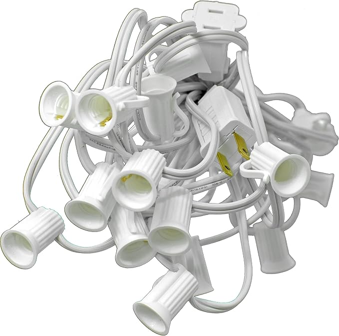 EST. LEE DISPLAY L D 1902 Outdoor Patio String Light Cords with Male & Female Plugs Green & White Wire 12in Spacing Sockets, 25FT Length (White, C9 - E17)